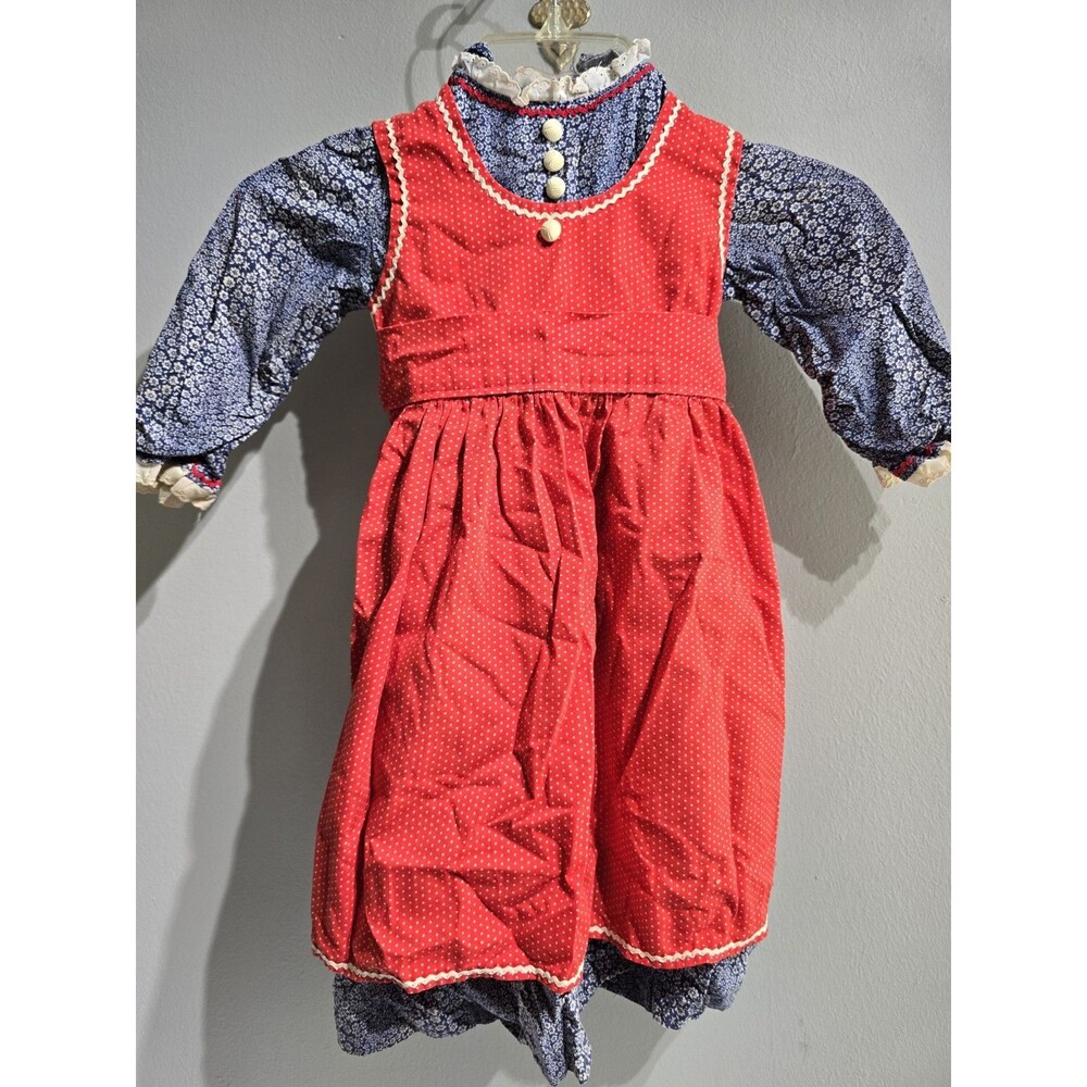 VTG 70s Little Girls Prairie Dress Bonnet Apron Set Sz 3T Cottagecore Blue Red
